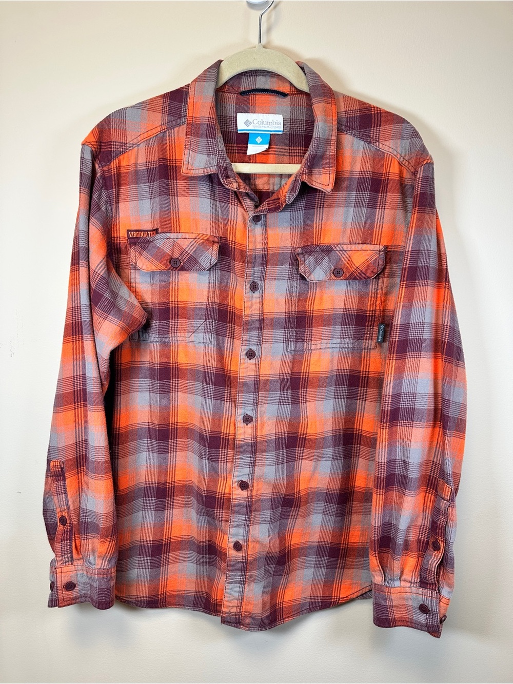 Columbia Men's Orange and Burgundy Plaid Button-Down Shirt